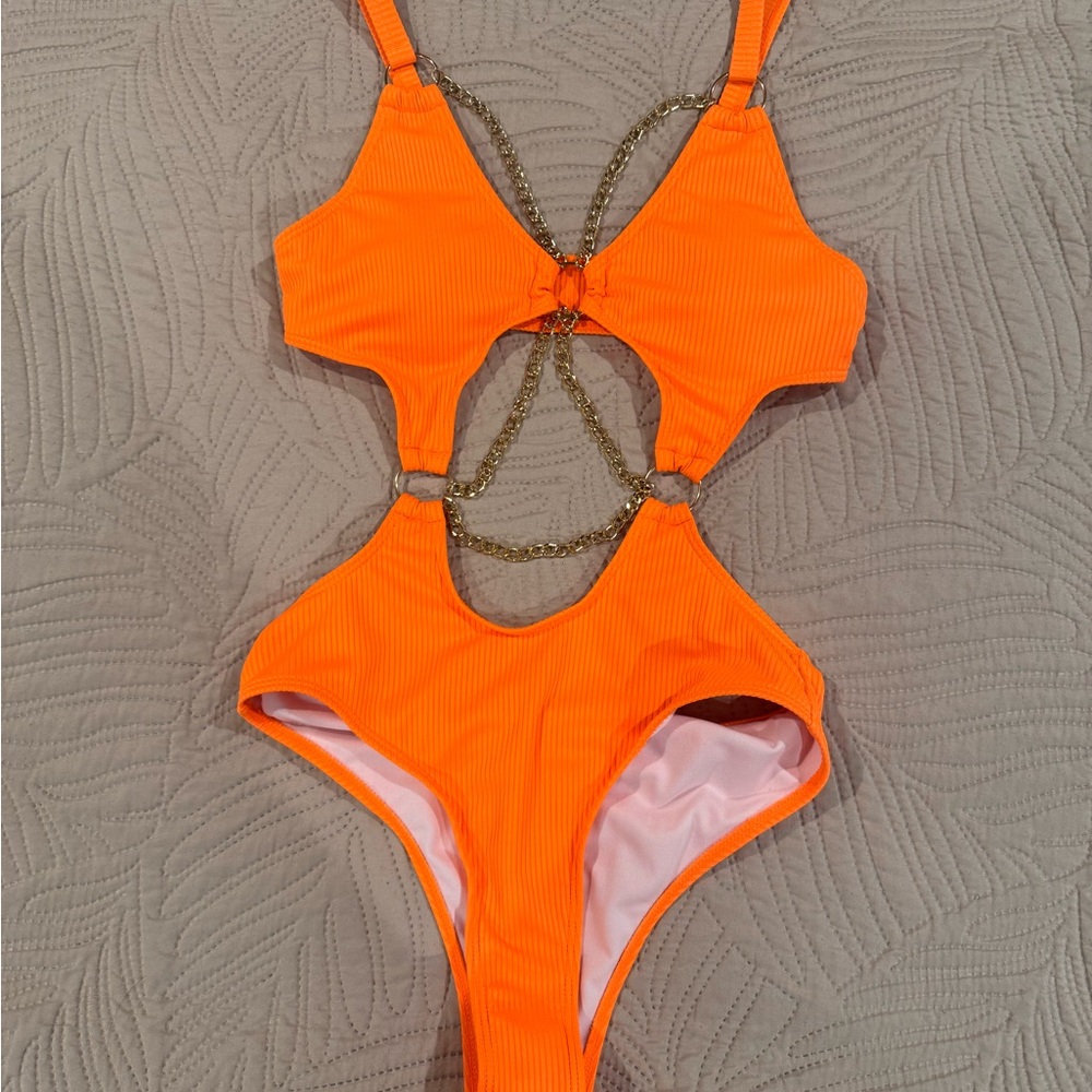 Orange Chain-Detail Cutout One-Piece Swimsuit